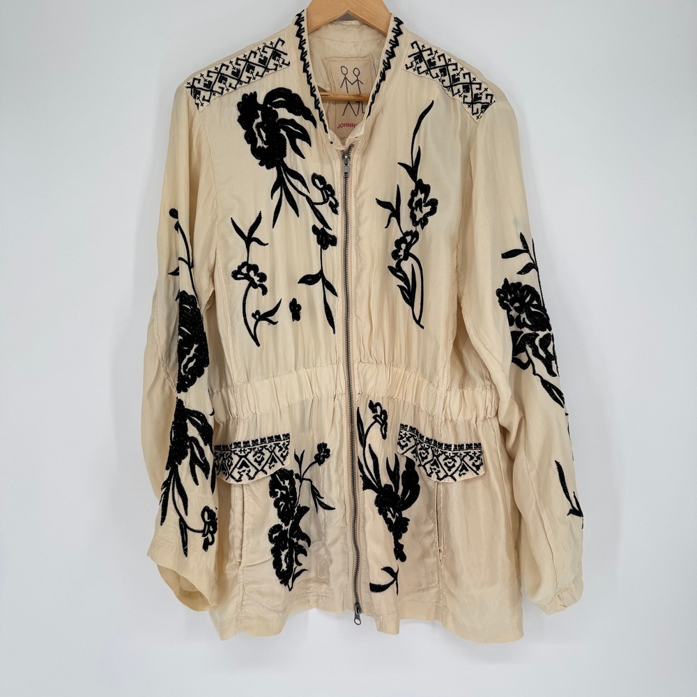 Johnny Was Jacket XL Cream Black Embroidered Floral Cupra Boho Luxury Festival